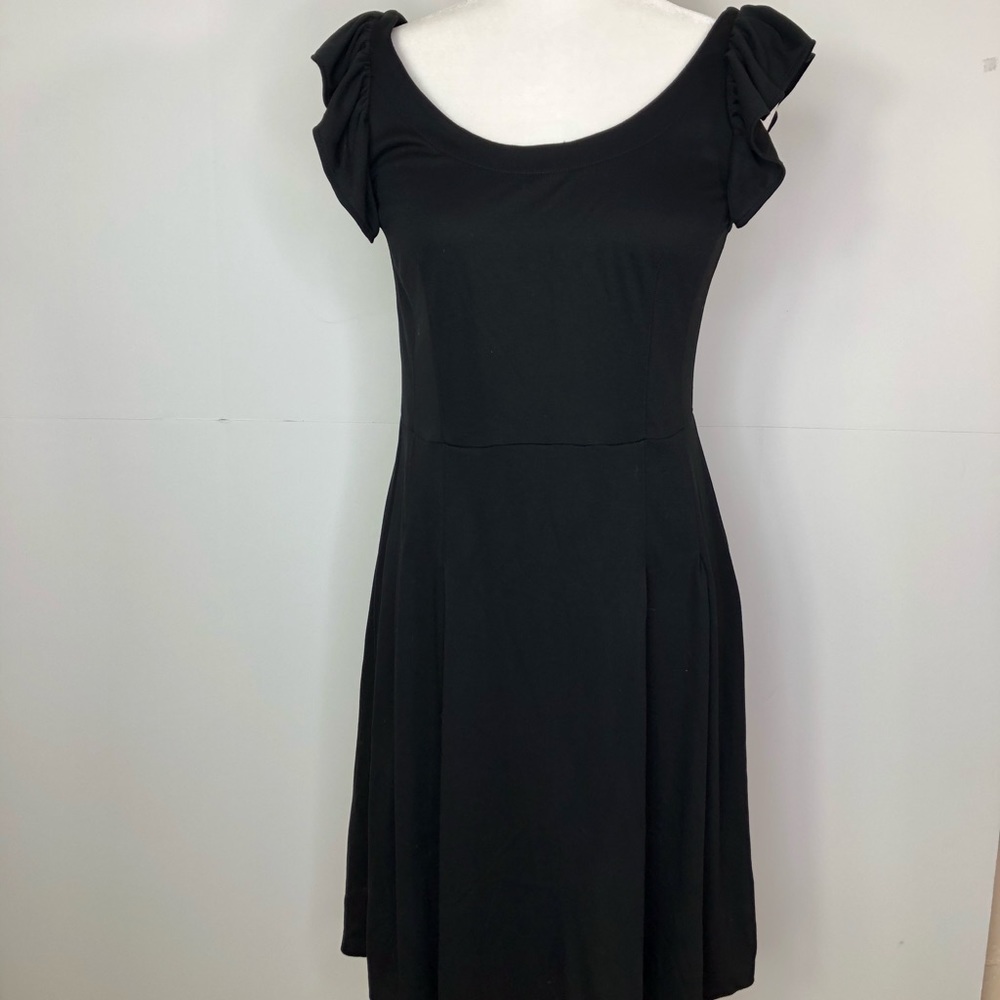 LOFT Ann Taylor little black dress ruffle cap sleeve fit flare pleated skirt